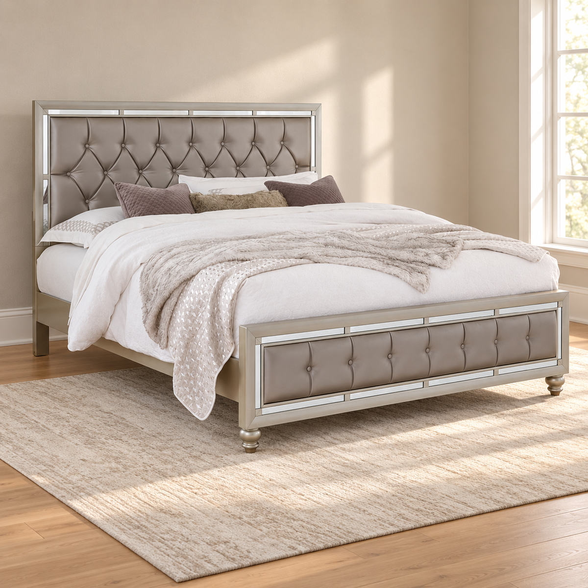 Riley 'Luna' Silver Mirrored Tufted Bed Frame — lifestyle view, bed only