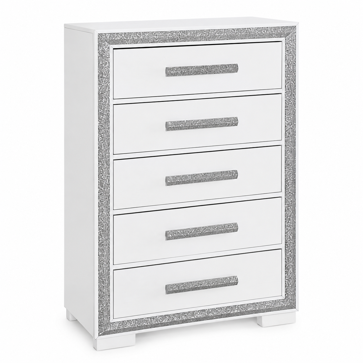 Andros Collection Glossy White & Silver 5-Drawer Bedroom Chest