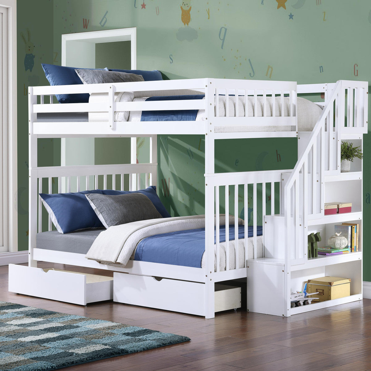 White Double/Double reversible staircase bunk bed with 2 storage drawers