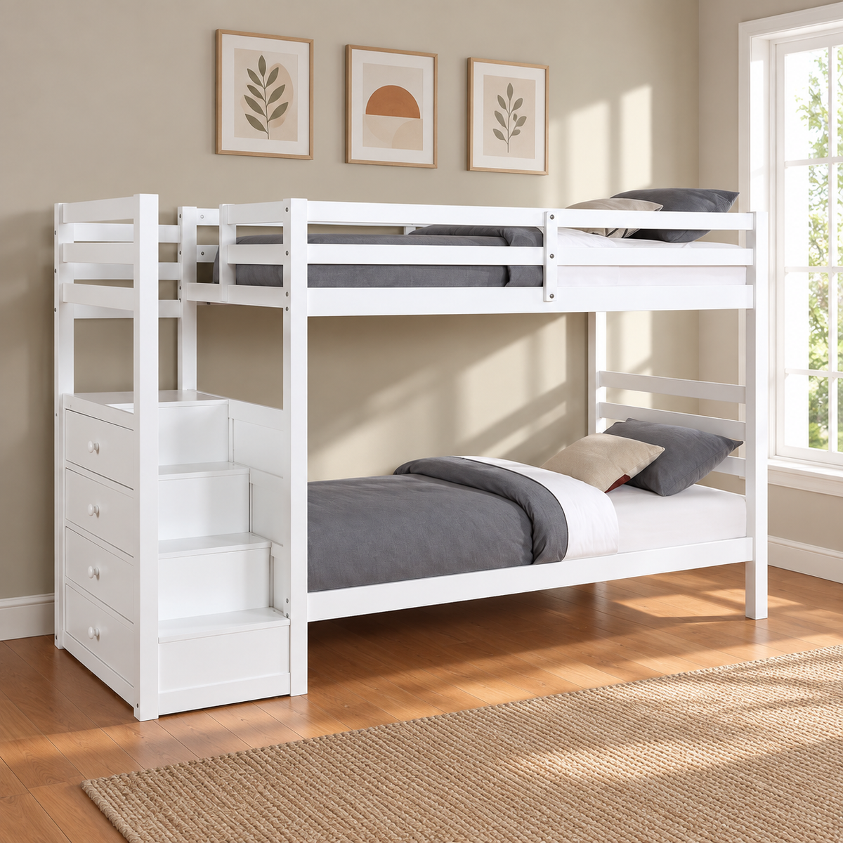 Left-Facing Staircase Bunk Bed – White Single/Single Bunk Only