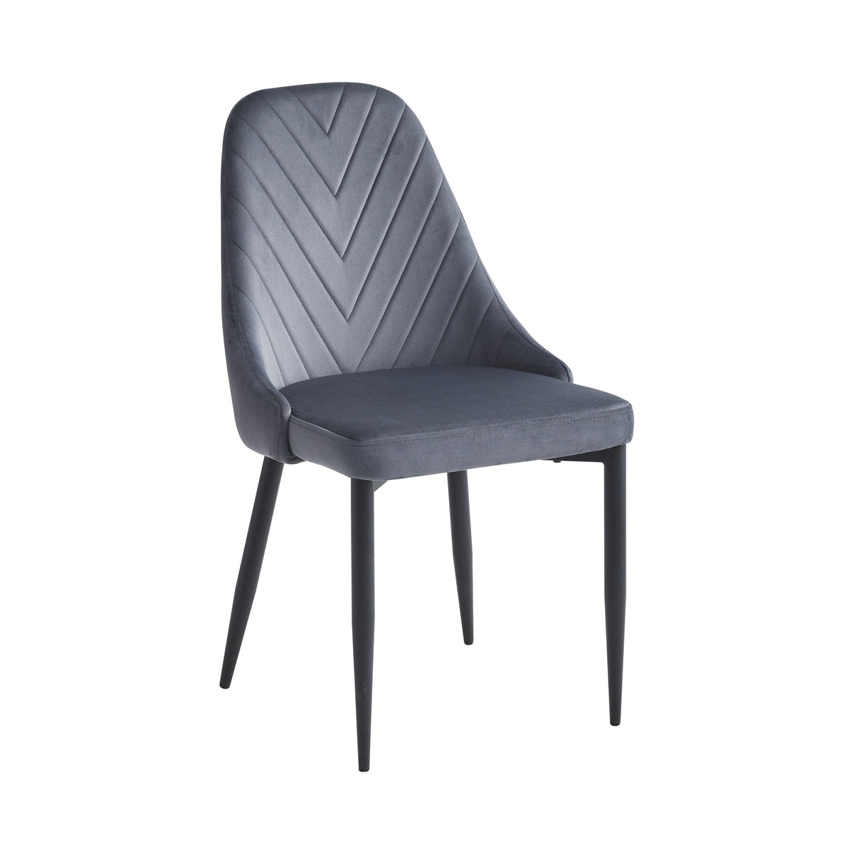 Chevron-Stitched Velvet Dining Chairs with Black Steel Legs – Set of 6 – Dark Grey