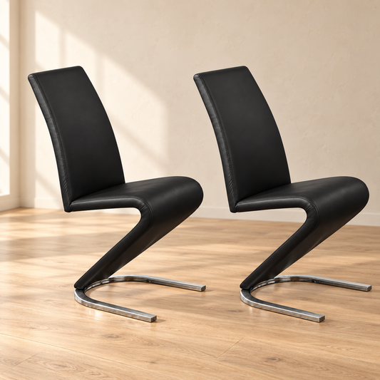 Z-Shaped Faux-Leather Chrome Dining Chairs — Black, set of two, chair-only lifestyle view