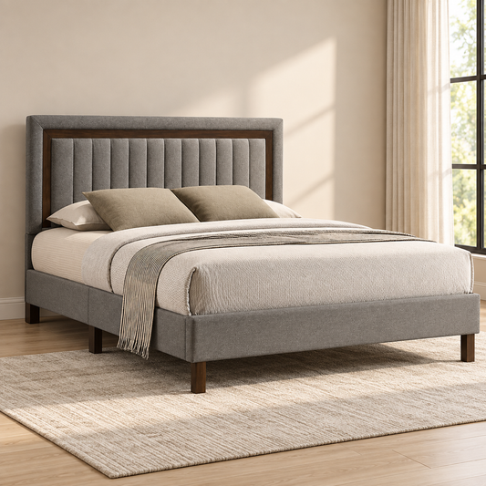 Modern Dark Grey Upholstered Platform Bed Frame — lifestyle view, bed only