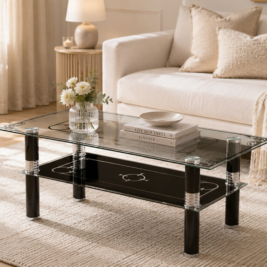 Etched Tempered Glass Coffee Table with Lower Shelf