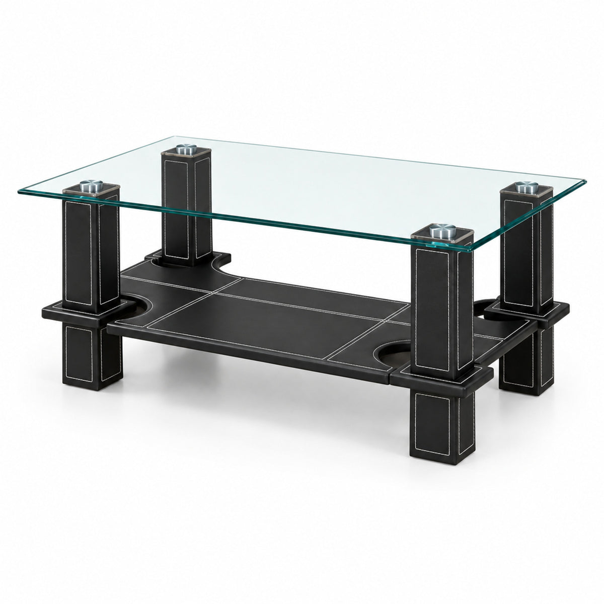 Black Tempered Glass Coffee Table Set with 6 Stools — complete uncropped coffee table