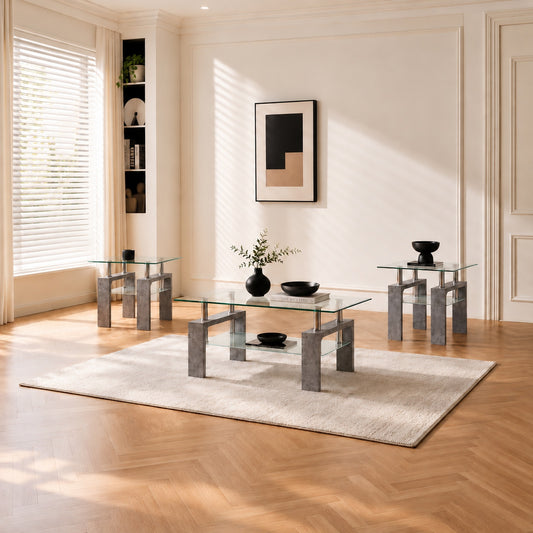 Grey faux marble 3-Piece Coffee & End Table Set in a clean minimal lifestyle setting