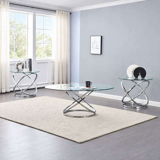 3-Piece Oval Clear Glass Coffee & End Table Set with Chrome Ring Bases