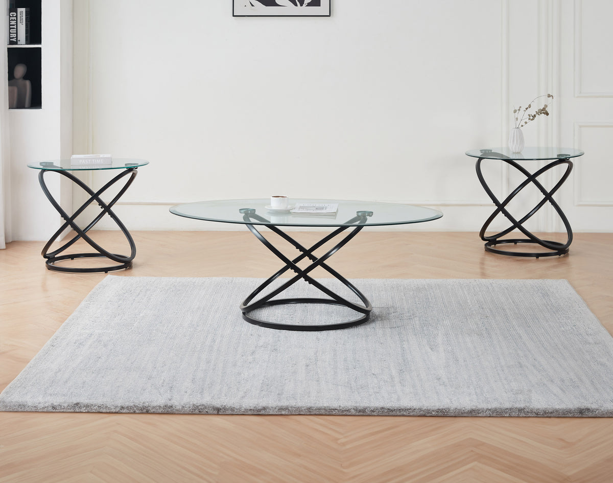 Modern 3-Piece Tempered Glass Coffee & End Table Set with Black Steel Base