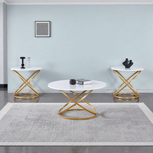 3-Piece Oval White Coffee & End Table Set with Gold Ring Bases