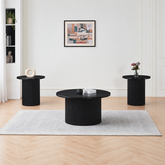 Modern Black 3-Piece Round Coffee & End Table Set with Fluted Pedestal Bases