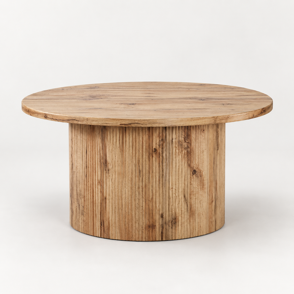 Modern Natural Wood Round Coffee Table with Fluted Pedestal Base