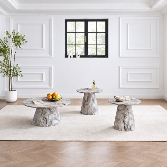 Grey marble look 3-Piece Coffee & End Table Set in a clean minimal lifestyle setting