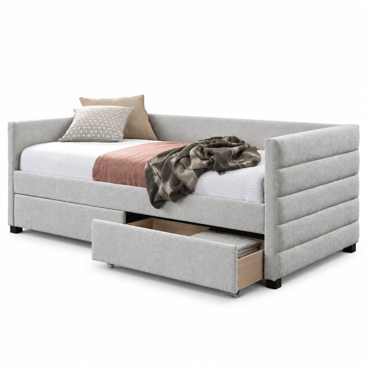 Light Grey Upholstered Daybed with Storage Drawers — clean product view