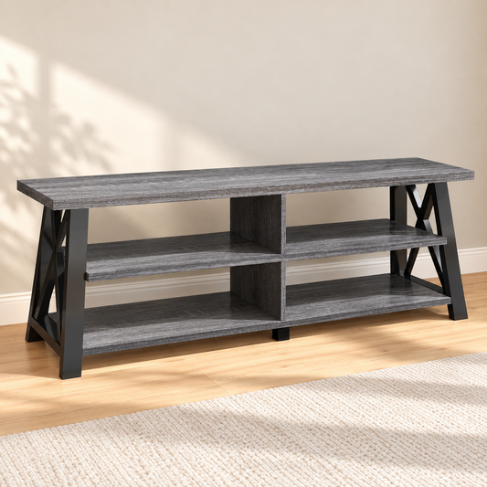Black and distressed grey 91-inch TV stand in a warm living room, with no TV