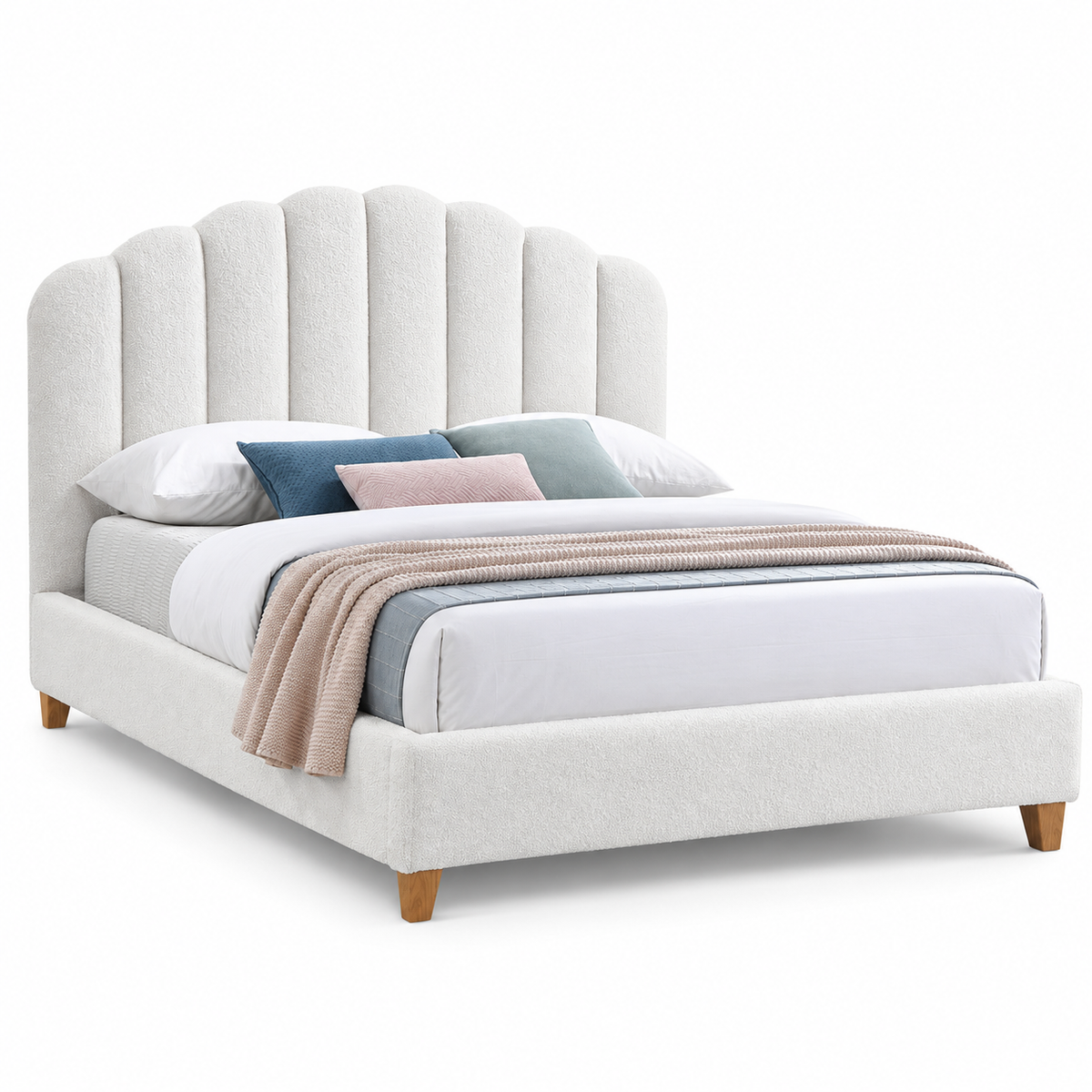 Maya White Upholstered Platform Bed with Scalloped Headboard — clean product view