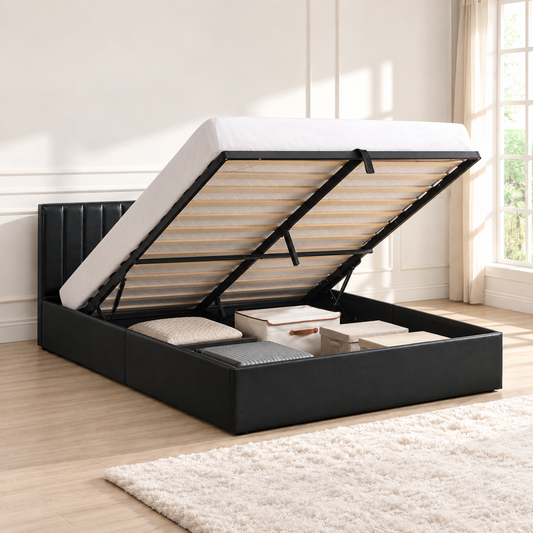 Black PU Hydraulic Storage Bed Frame — lift-up storage open