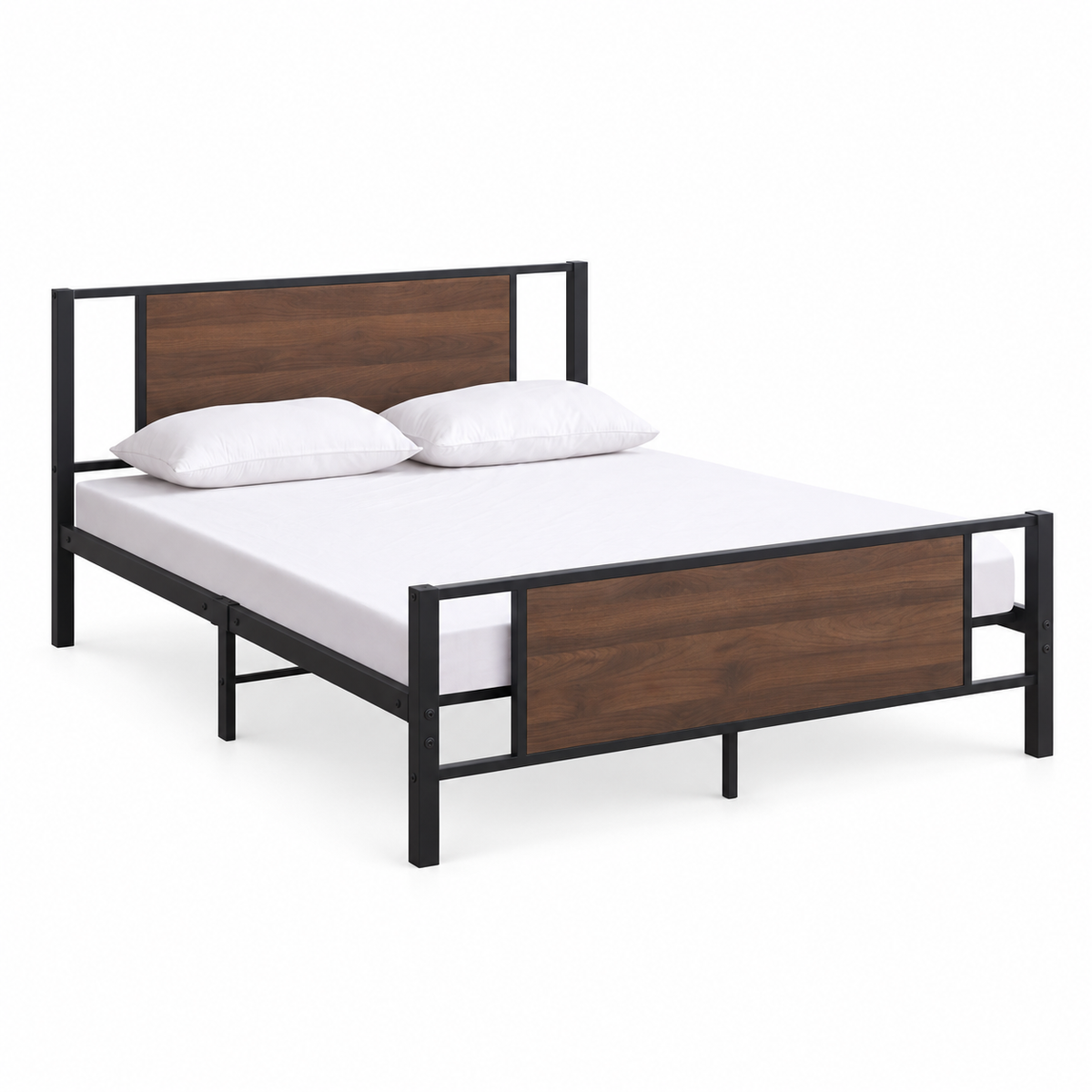 Modern Industrial Wood & Black Steel Platform Bed Frame — clean product view