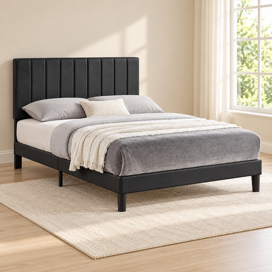 Black, White or Grey Vertical-Tufted Upholstered Platform Bed Frame — lifestyle view, bed only