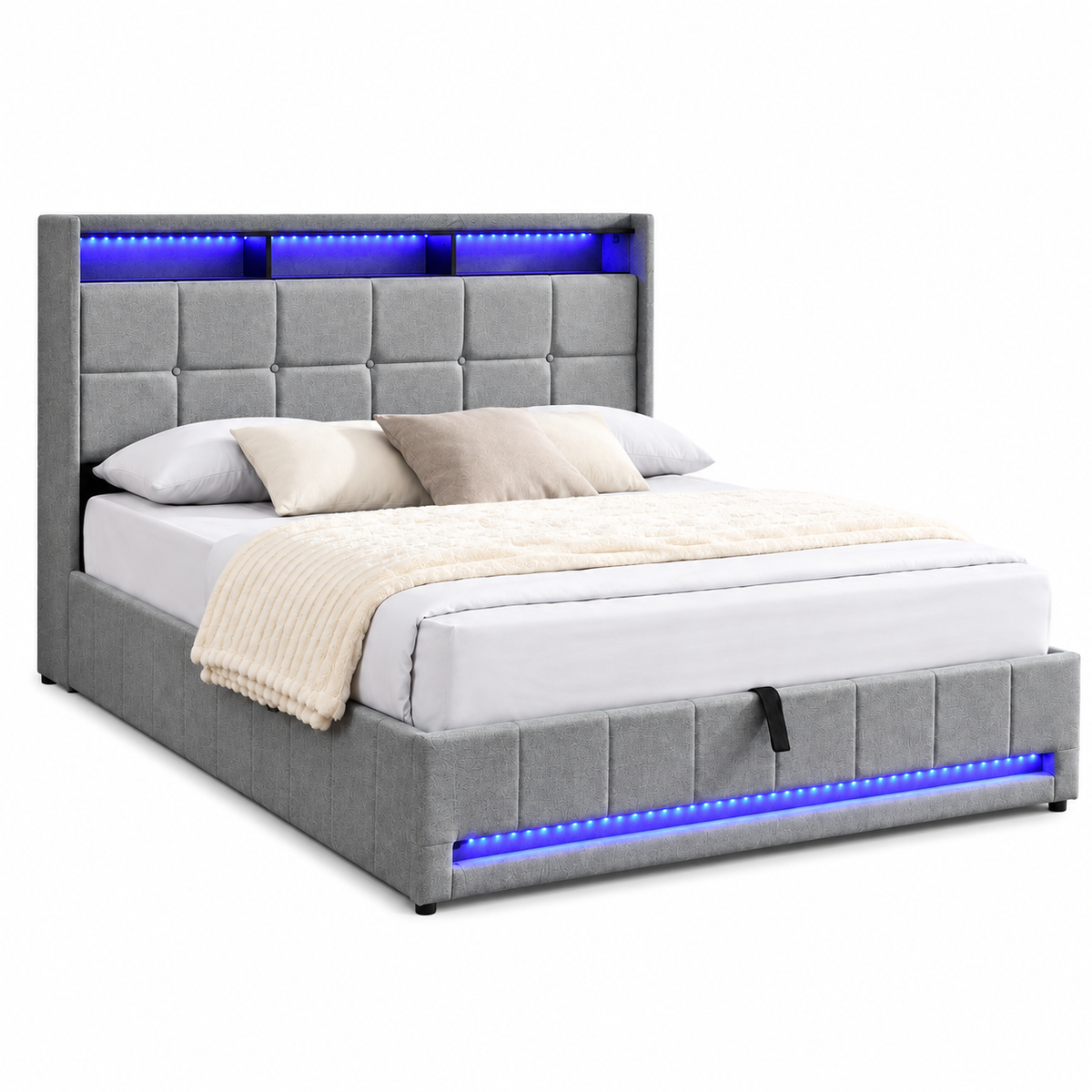 Grey LED Hydraulic Storage Bed Frame with Charging — clean product view