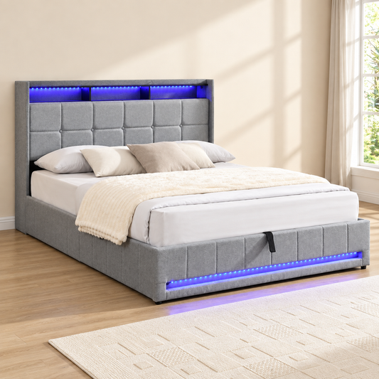 Grey LED Hydraulic Storage Bed Frame with Charging — lifestyle view, bed only