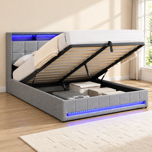 Grey LED Hydraulic Storage Bed Frame with Charging — lift-up storage open