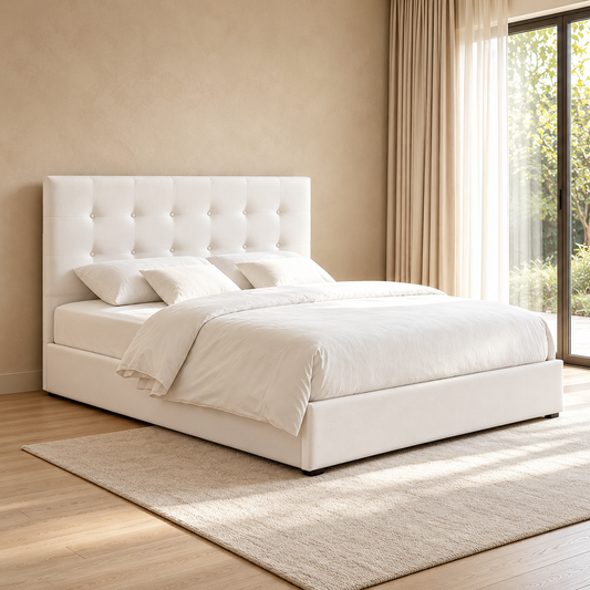 Cream Upholstered Hydraulic Storage Bed Frame — lifestyle view, bed only