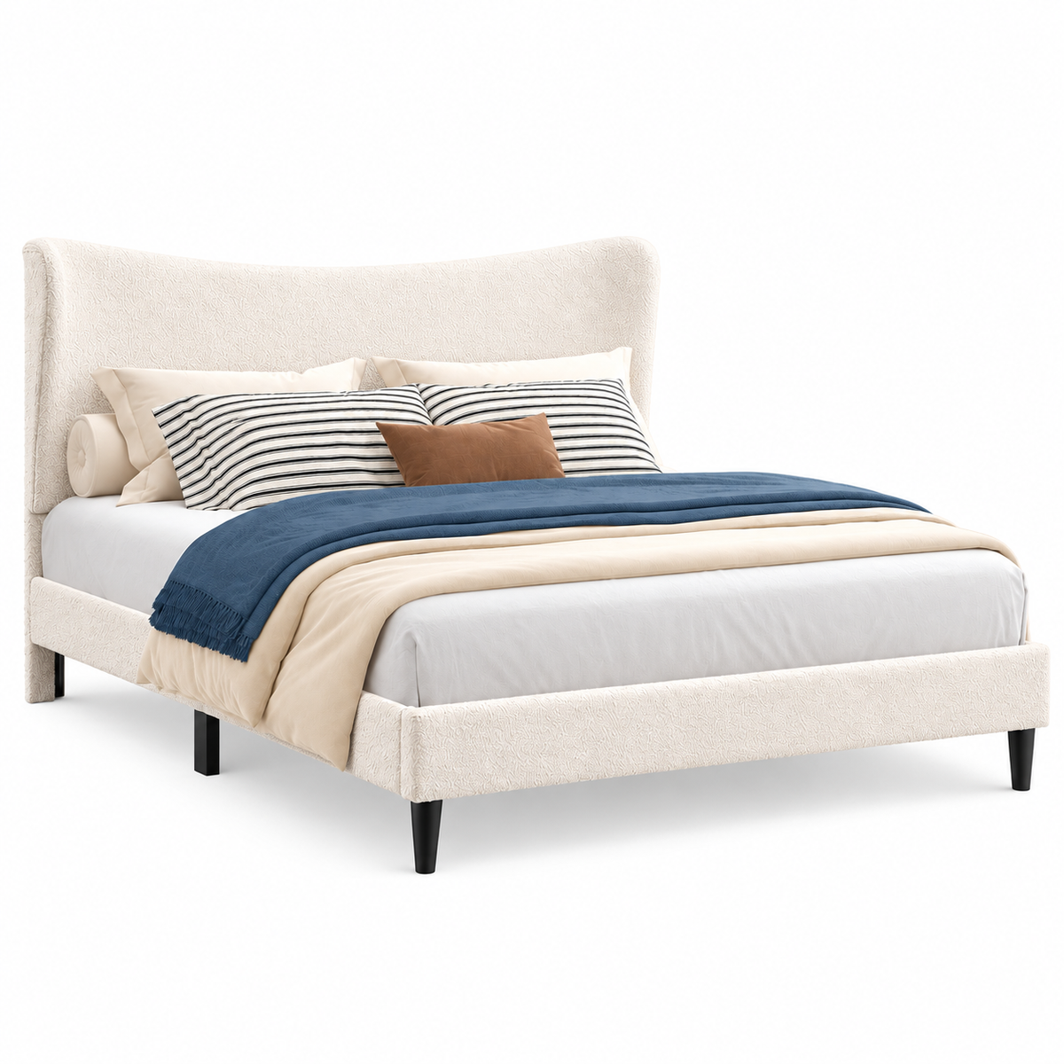 Cream Boucle Curved-Headboard Platform Bed Frame — clean product view