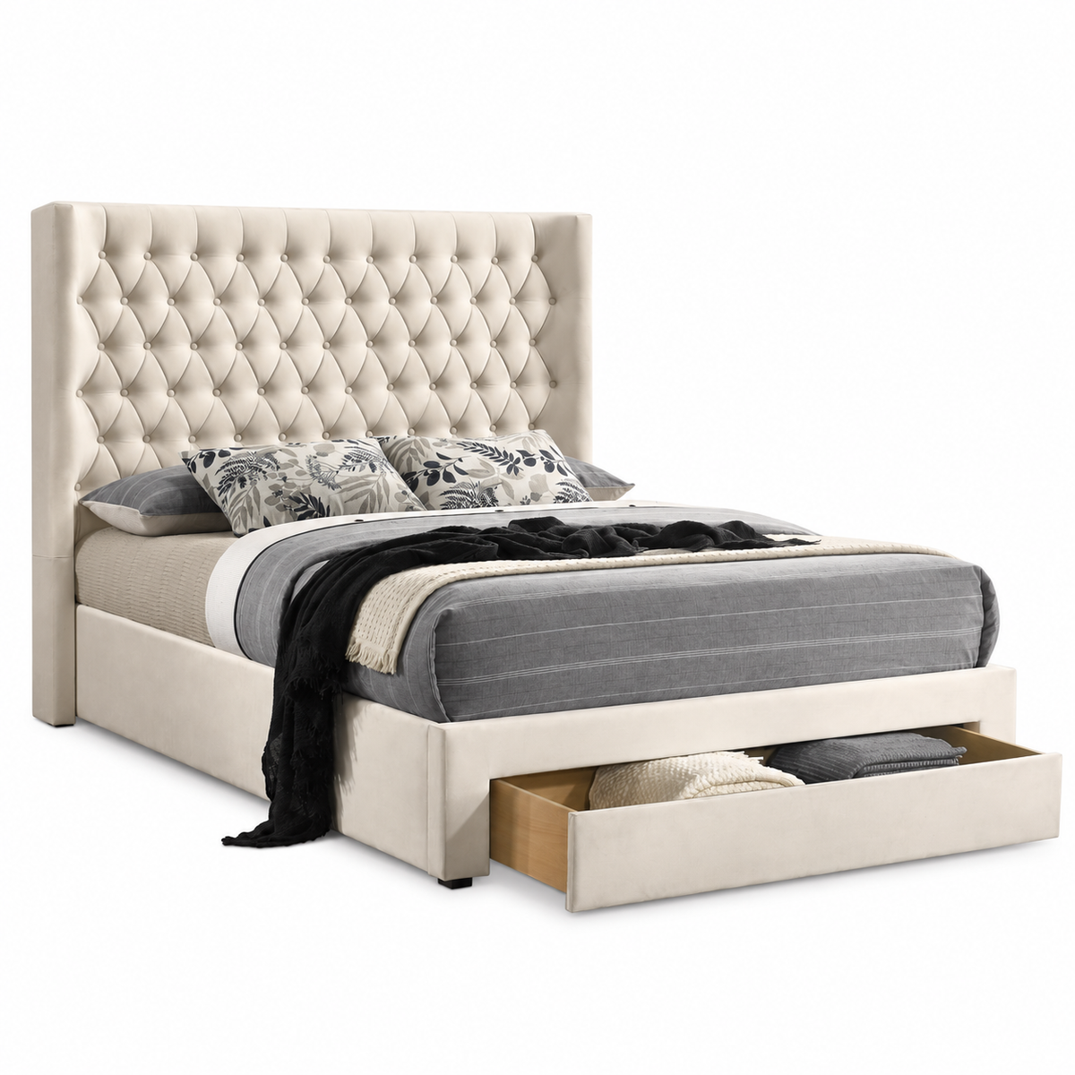 Warm Ivory Velvet Storage Drawer Bed Frame — clean product view