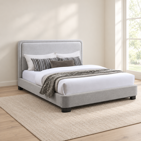 Light Grey Upholstered Rounded-Headboard Bed Frame