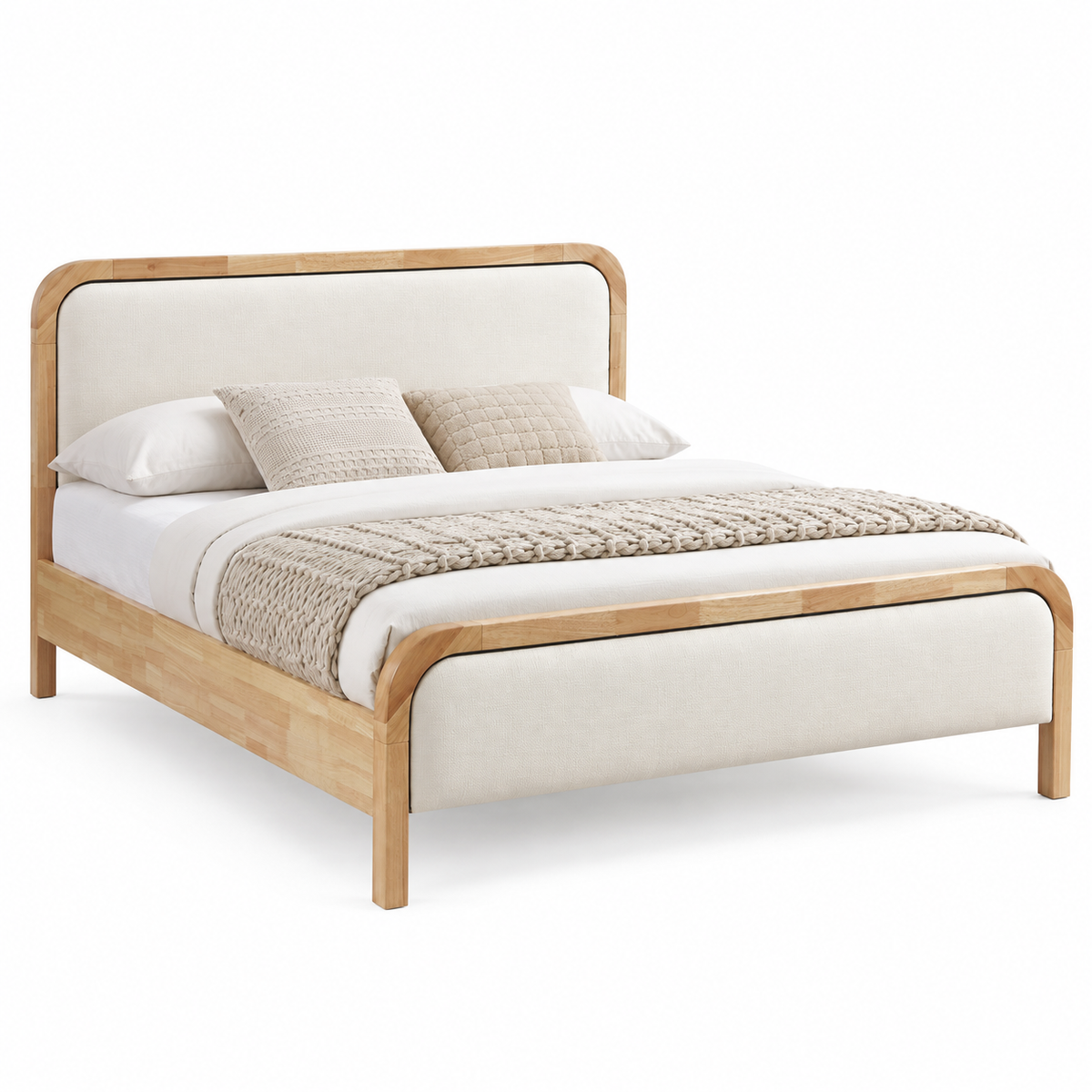 Warm Ivory Upholstered Natural Wood Bed Frame — clean product view