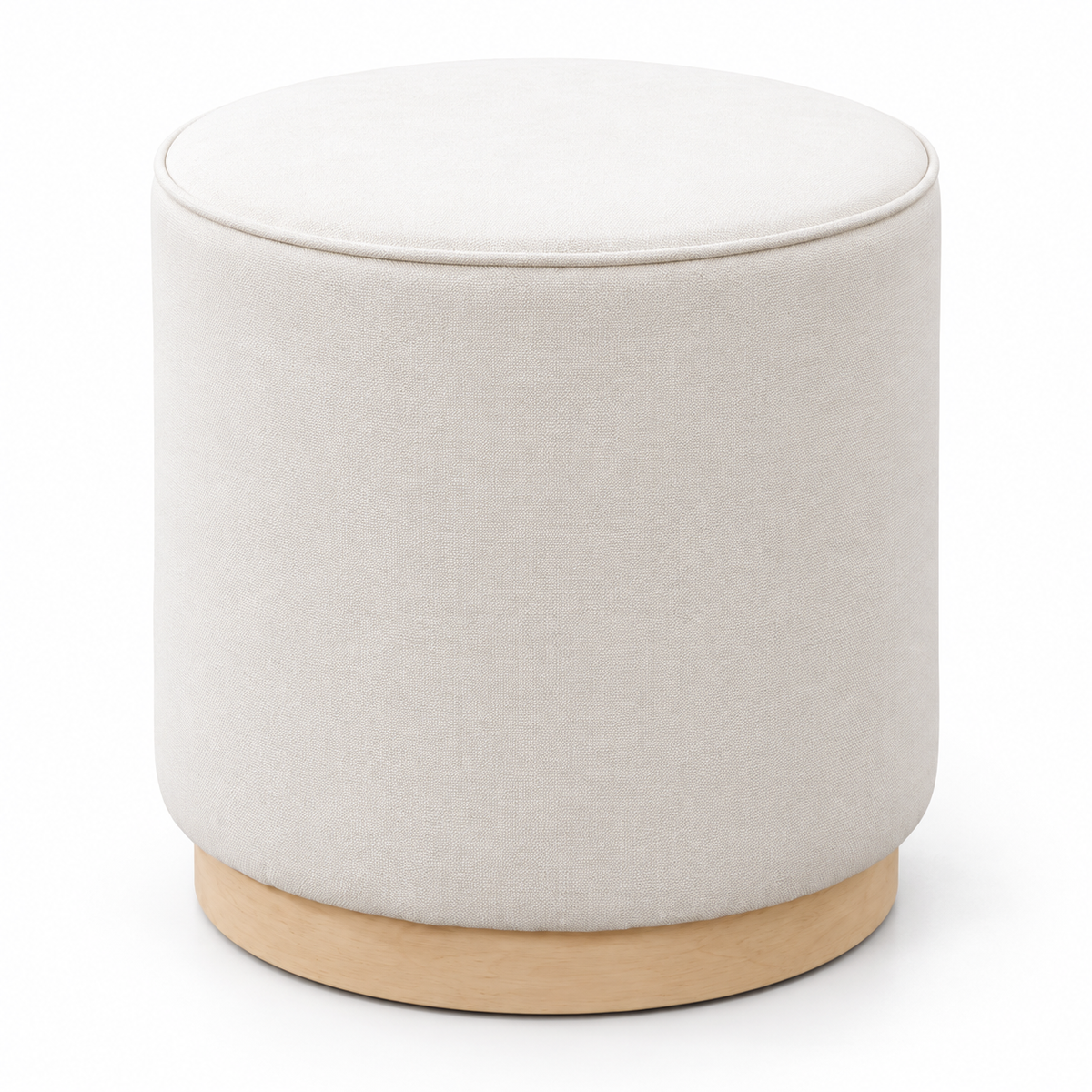 Cream Round Fabric Ottoman with Whitewash Wood Base — IF-6245 Cream, closed product on clean white background