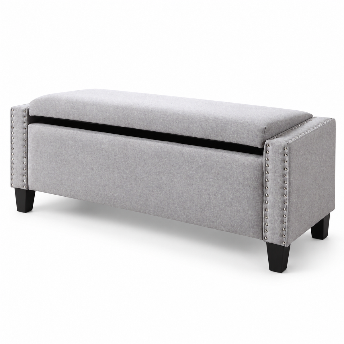 Light Grey Fabric Storage Bench with Nailhead Trim — IF-6250 Light Grey, storage feature on clean white background