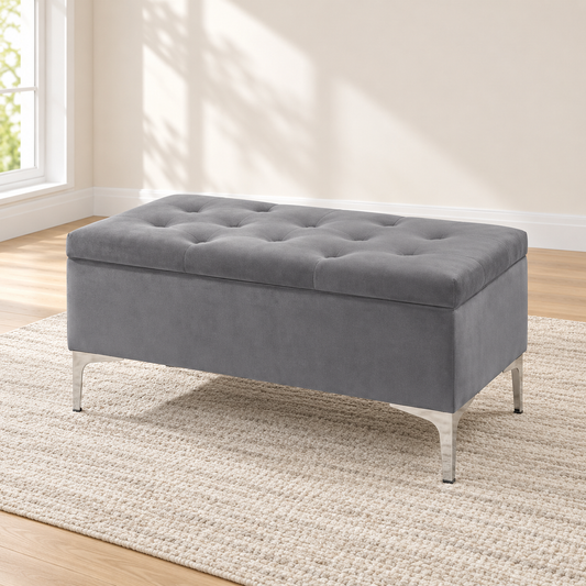 Compact Velvet Tufted Storage Bench with Chrome Legs — IF-6255 Grey, main lifestyle image