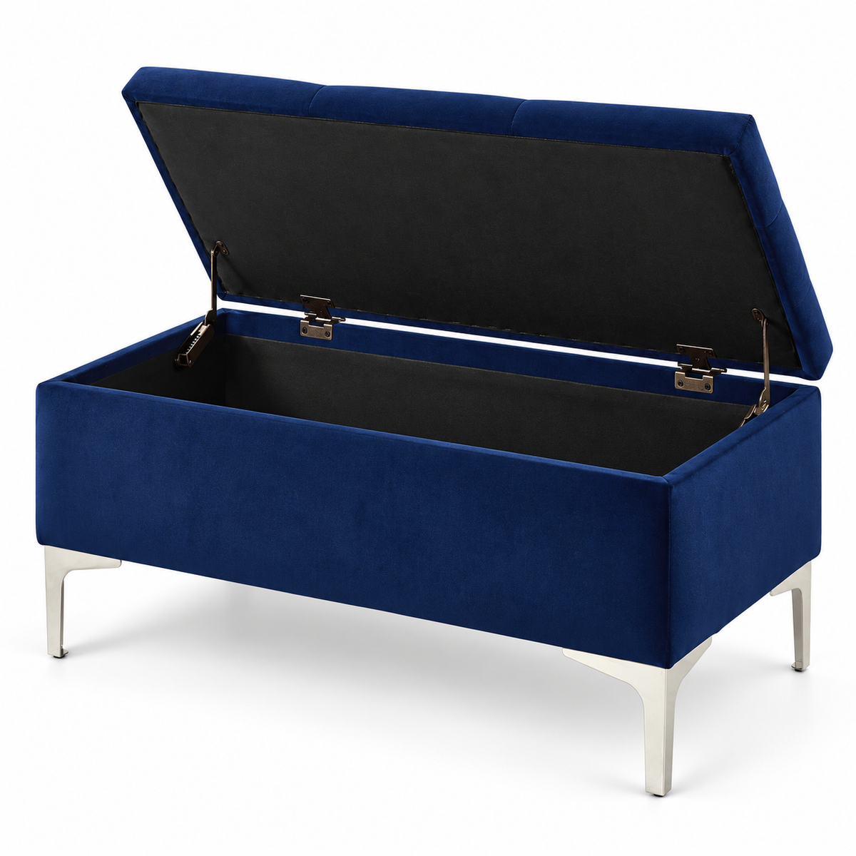 Compact Velvet Tufted Storage Bench with Chrome Legs — IF-6257 Blue, storage feature on clean white background