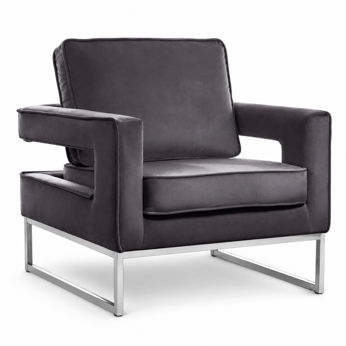Grey Velvet Accent Chair with Chrome Frame — Grey, clean white background product image