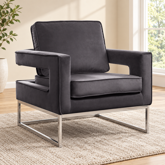 Grey Velvet Accent Chair with Chrome Frame — Grey, single chair lifestyle image