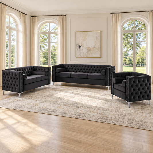 Black Tufted Velvet 3-Piece Sofa, Loveseat & Chair Set — Black, full 3-piece set main lifestyle image