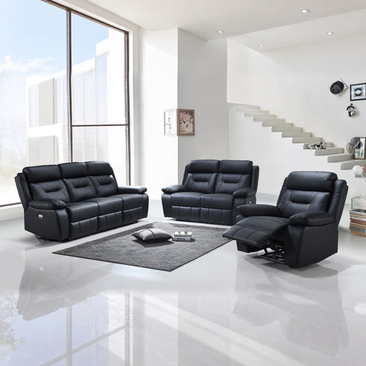 Modern Leather-Match 3-Piece Power Reclining Sofa Set with USB Charging — Black Leather Match, full 3-piece set main lifestyle image