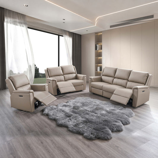 Modern 3-Piece Power Reclining Sofa Set with USB Charging — Stone PU, full 3-piece set main lifestyle image
