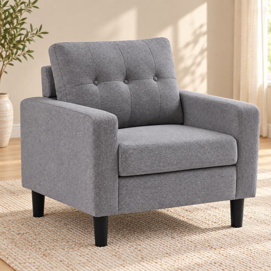 Modern Button-Tufted Woven Fabric Chair — Grey, single chair lifestyle image