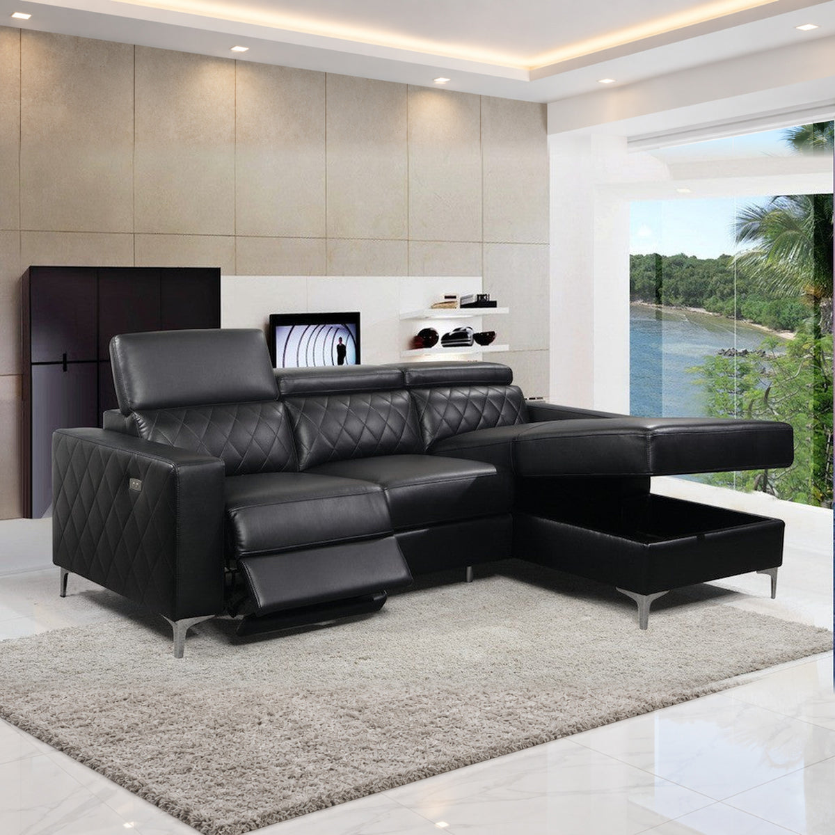 Black Leather-Gel Power Reclining Sectional Sofa with Storage & Adjustable Headrests – product image 4