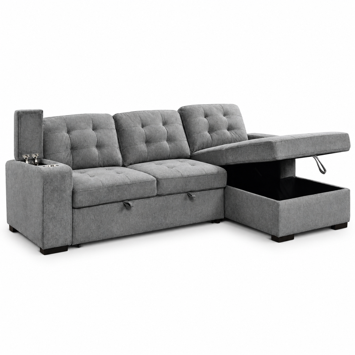 Grey Fabric Sleeper Sectional Sofa Bed with Storage Arms & Cupholders — IF-9051 IFDC feature or fabric detail