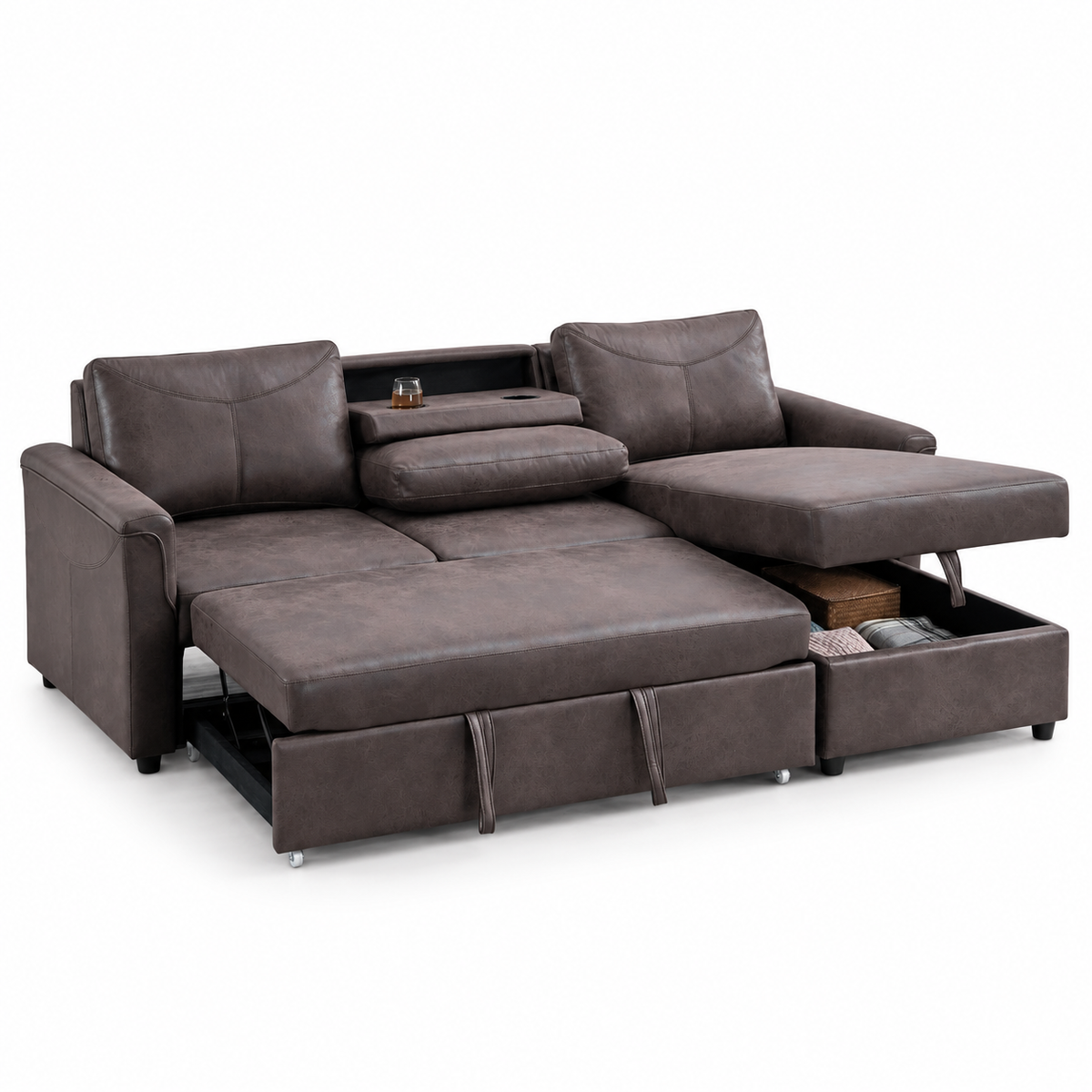 Brown Fabric Sleeper Sectional Sofa Bed with Storage, USB-C & Cupholders — IF-9076 IFDC feature or fabric detail