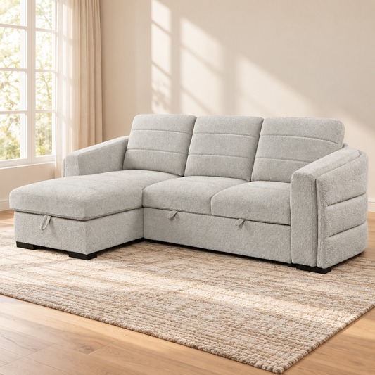 Light Grey Bouclé Sleeper Sectional Sofa Bed with Storage — IF-9085 lifestyle sofa, Left-Hand Facing