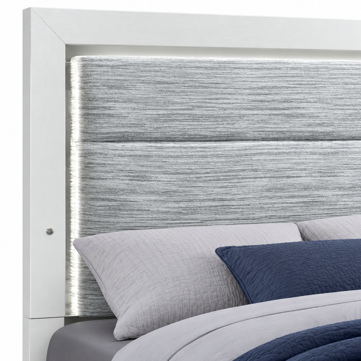 Luccia Collection Modern White LED Bed Frame with Grey Upholstered Headboard — supplier bed detail 2