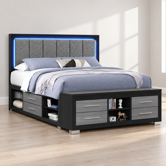 Emma Collection LED Storage Platform Bed with USB-C Charging – Black/Grey or Natural/White — lifestyle view, bed only