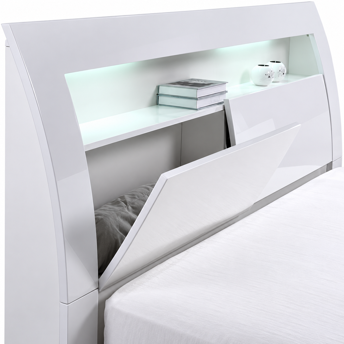 Barcelona Collection High-Gloss White LED Hydraulic Storage Platform Bed with USB Charging — supplier bed detail 11