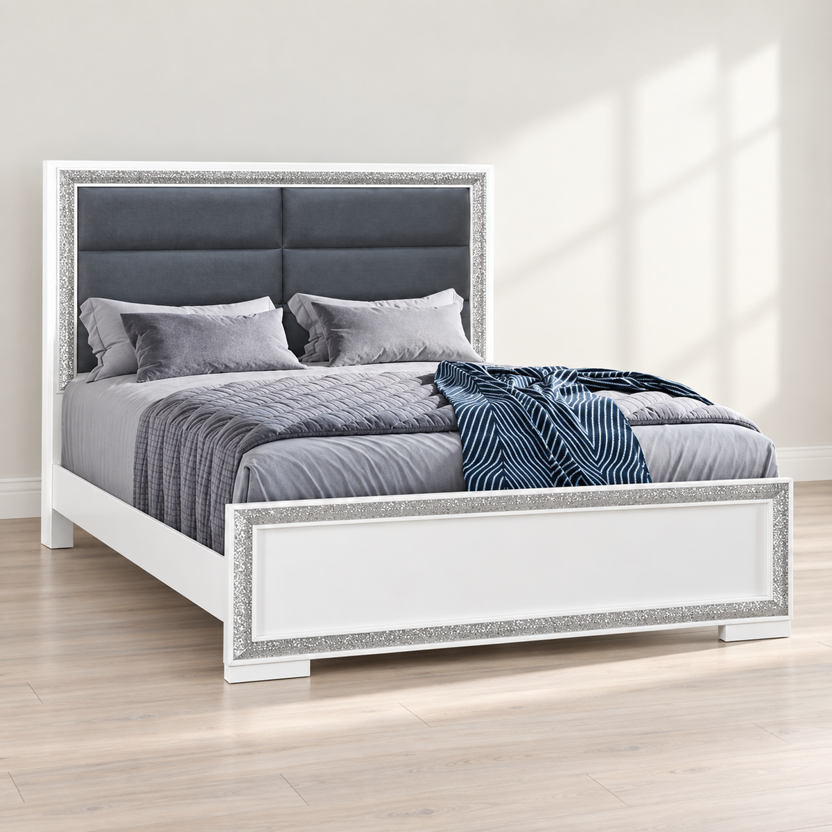 Andros Collection Glossy White & Silver LED Upholstered Bed Frame — lifestyle view, bed only