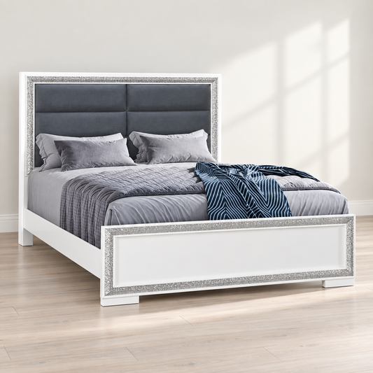 Andros Collection Glossy White & Silver LED Upholstered Bed Frame — lifestyle view, bed only