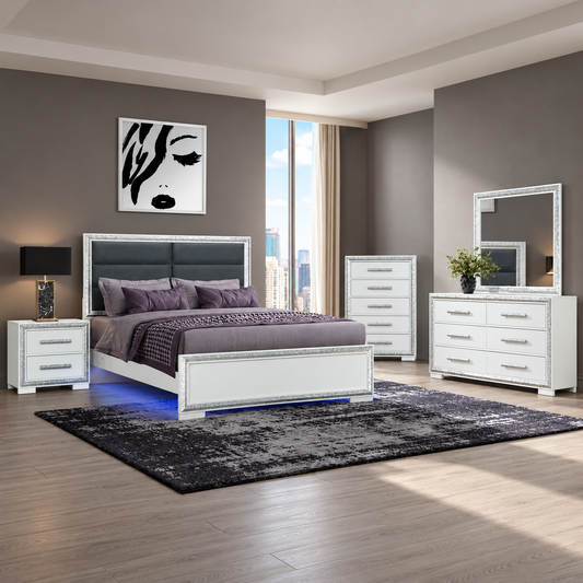 Andros Collection Glossy White & Silver LED Bedroom Set with Upholstered Headboard